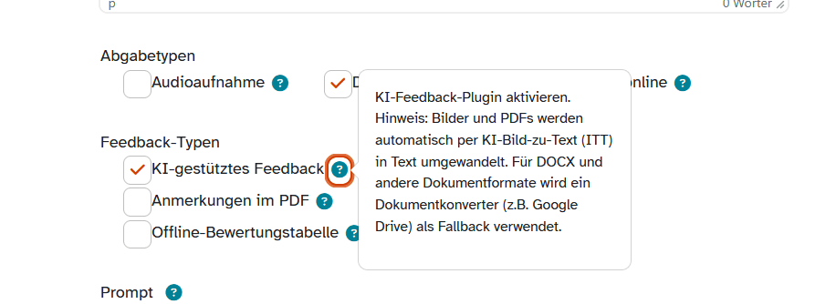 mebis-Plugin-Einstellung in einer Abgabe: KI-gestütztes Feedback aktivieren, mit Hinweis zur automatischen KI-Bild-zu-Text-Umwandlung.
